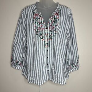 Kate & Sam 100% Cotton Striped Embroidered Floral Long sleeve tunic large